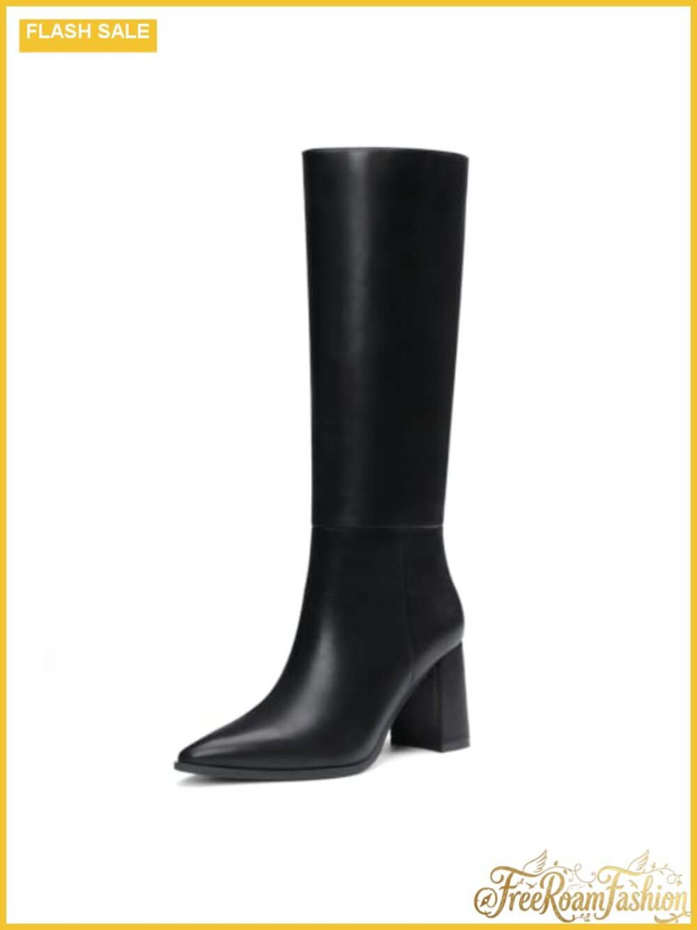 Faux Leather Knee High Boots Pointed Toe Block Heel Chunky Tall Boots